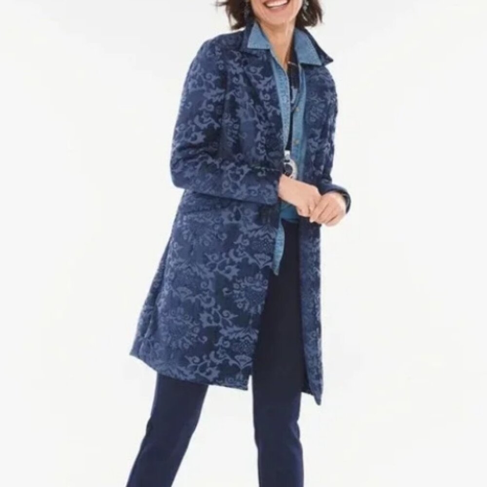 Chico's Blue Damask Jacquard Blazer Coat Jacket Petite 0P Small Tapestry Brocade